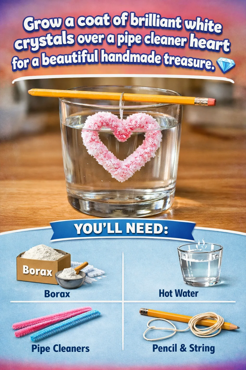 Handmade crystal heart crafted with white crystals on a pipe cleaner.