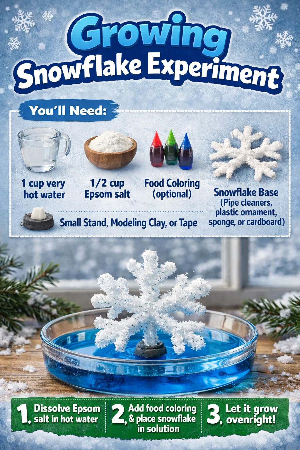 A close-up of handmade snowflakes in various designs from the Growing Snowflake Experiment.