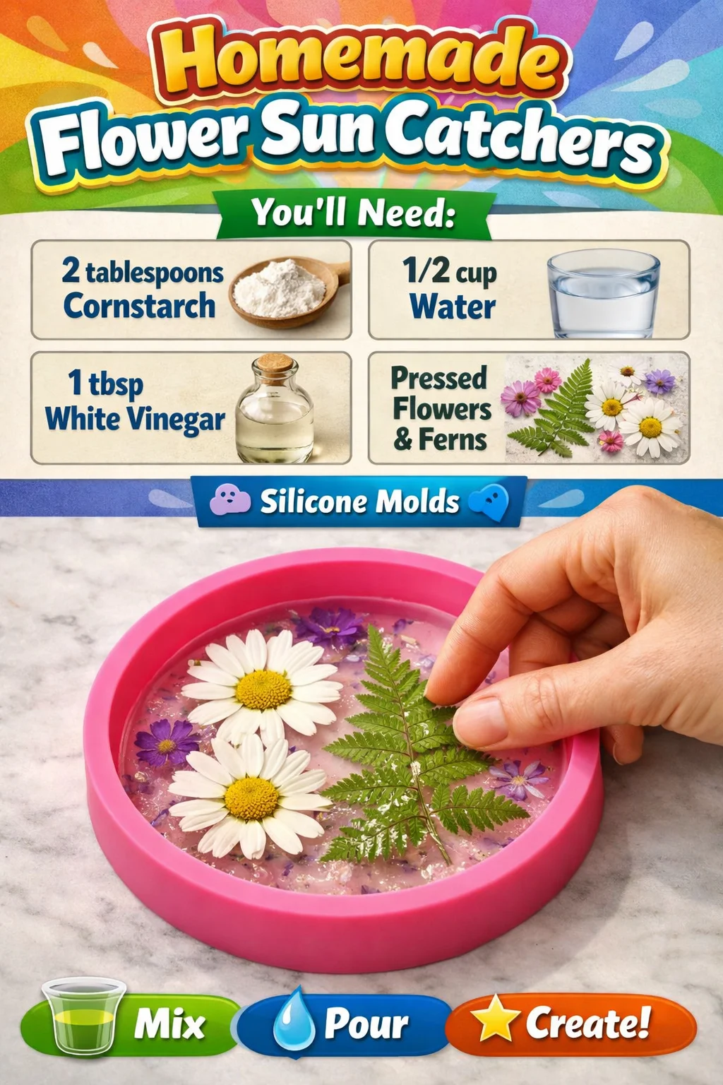 Colorful homemade flower sun catchers hanging in a sunlit window.