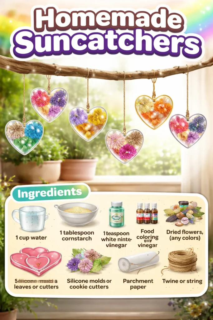 Colorful homemade suncatchers hanging in a sunny window