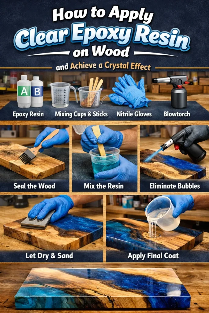 Wood project finished with clear epoxy resin creating a crystal effect.