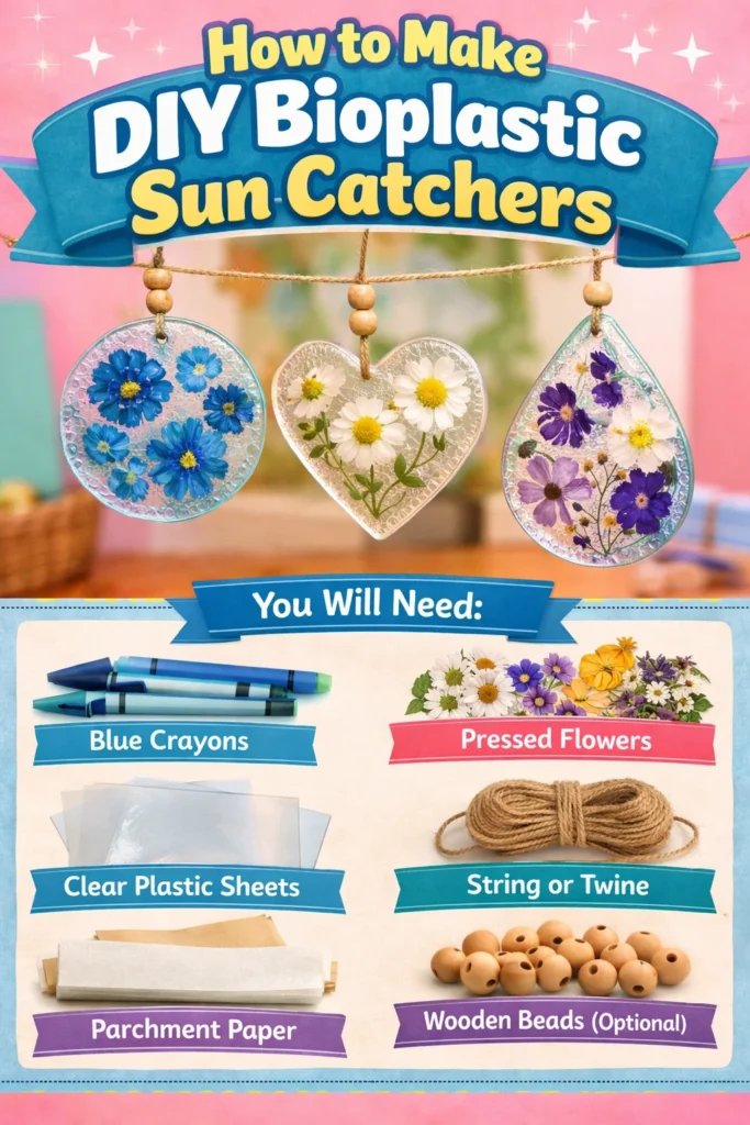 Colorful DIY bioplastic sun catchers displayed in sunlight.