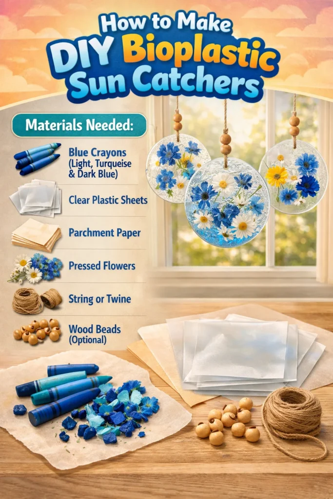 Colorful DIY bioplastic sun catchers hanging in a window