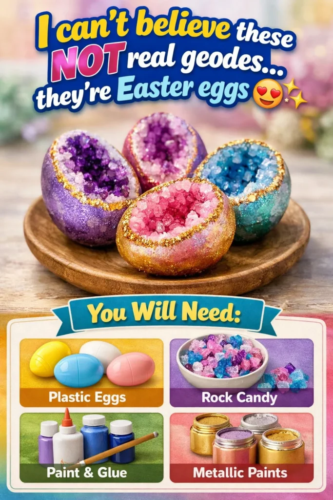 Colorful Easter eggs designed to resemble real geodes sparkling in the light.