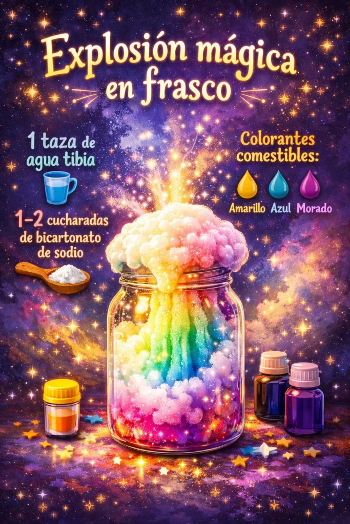 A colorful magic explosion in a jar showcasing vibrant colors and bubbling action.
