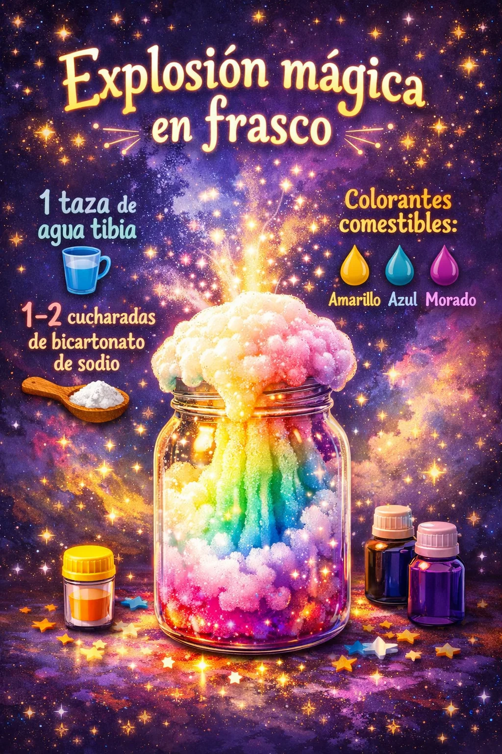 A colorful magic explosion in a jar showcasing vibrant colors and bubbling action.