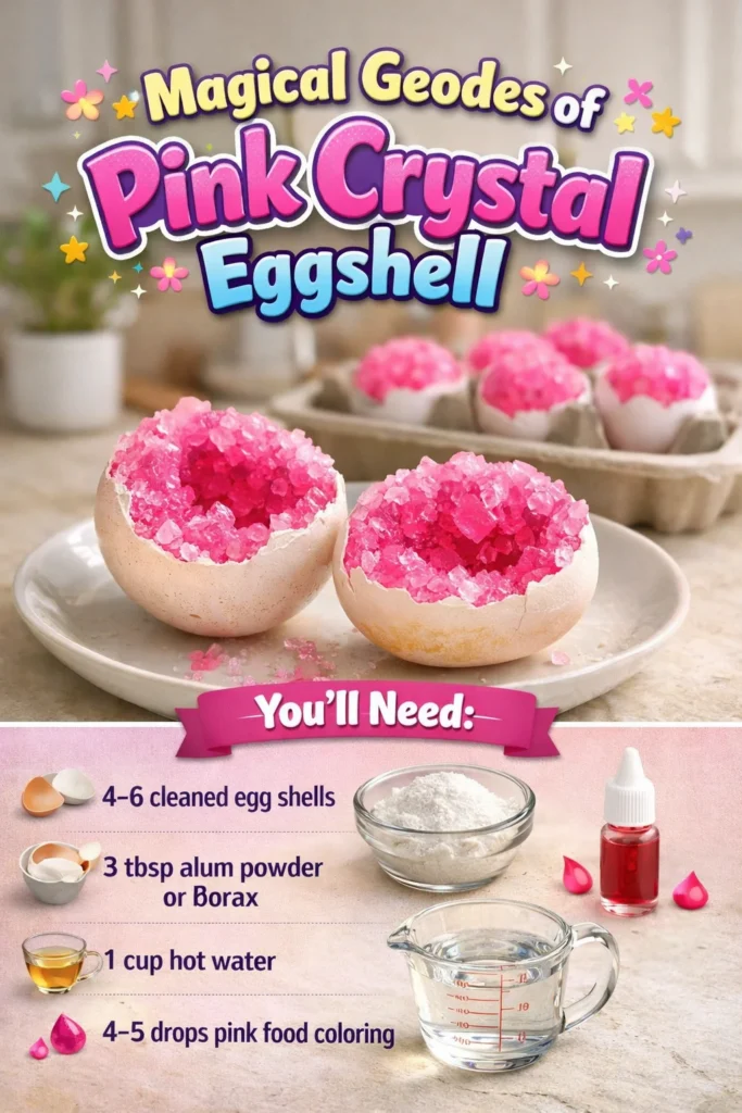 Beautiful pink crystal geodes displayed in an elegant eggshell design.