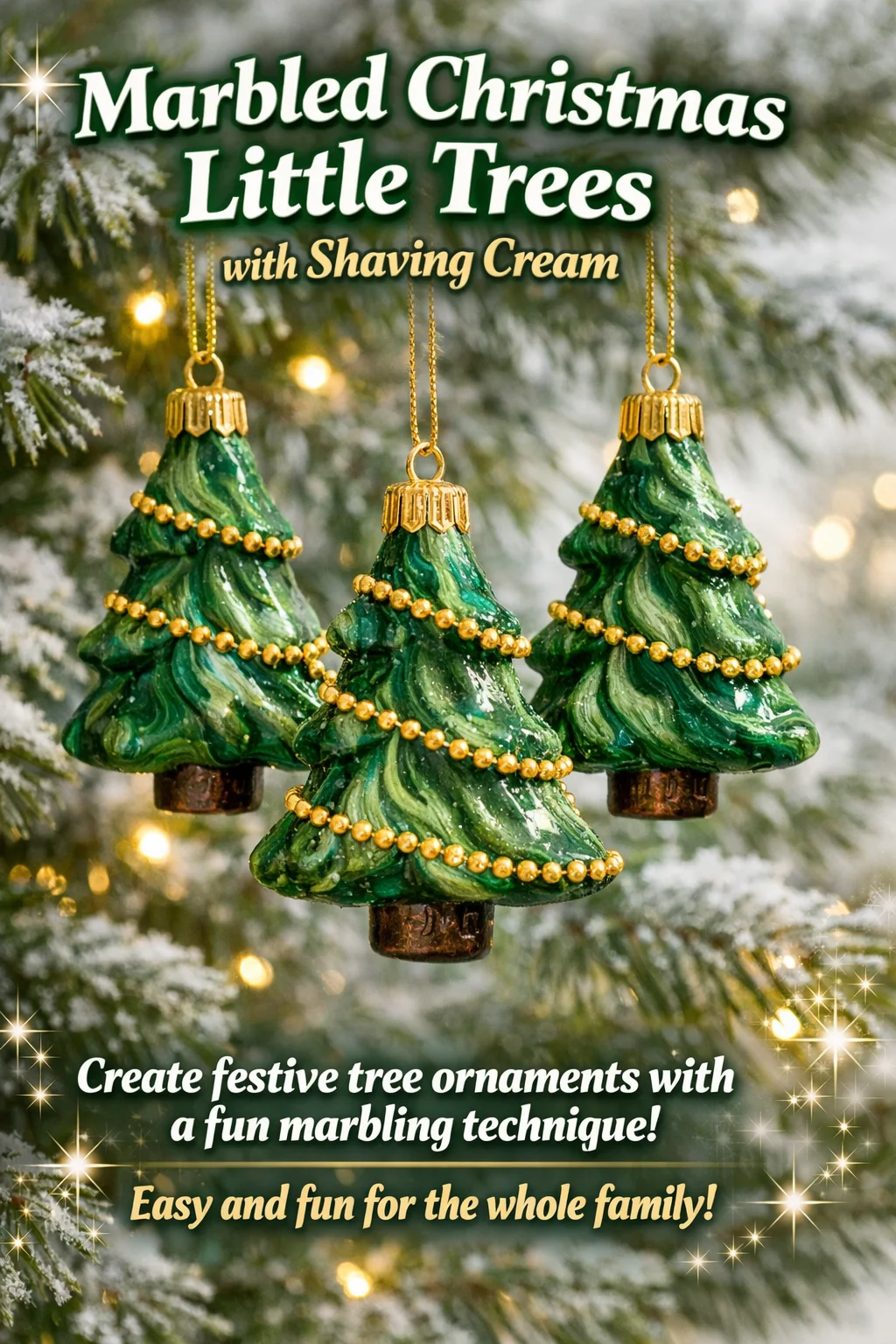 DIY marbled Christmas trees created with shaving cream technique.