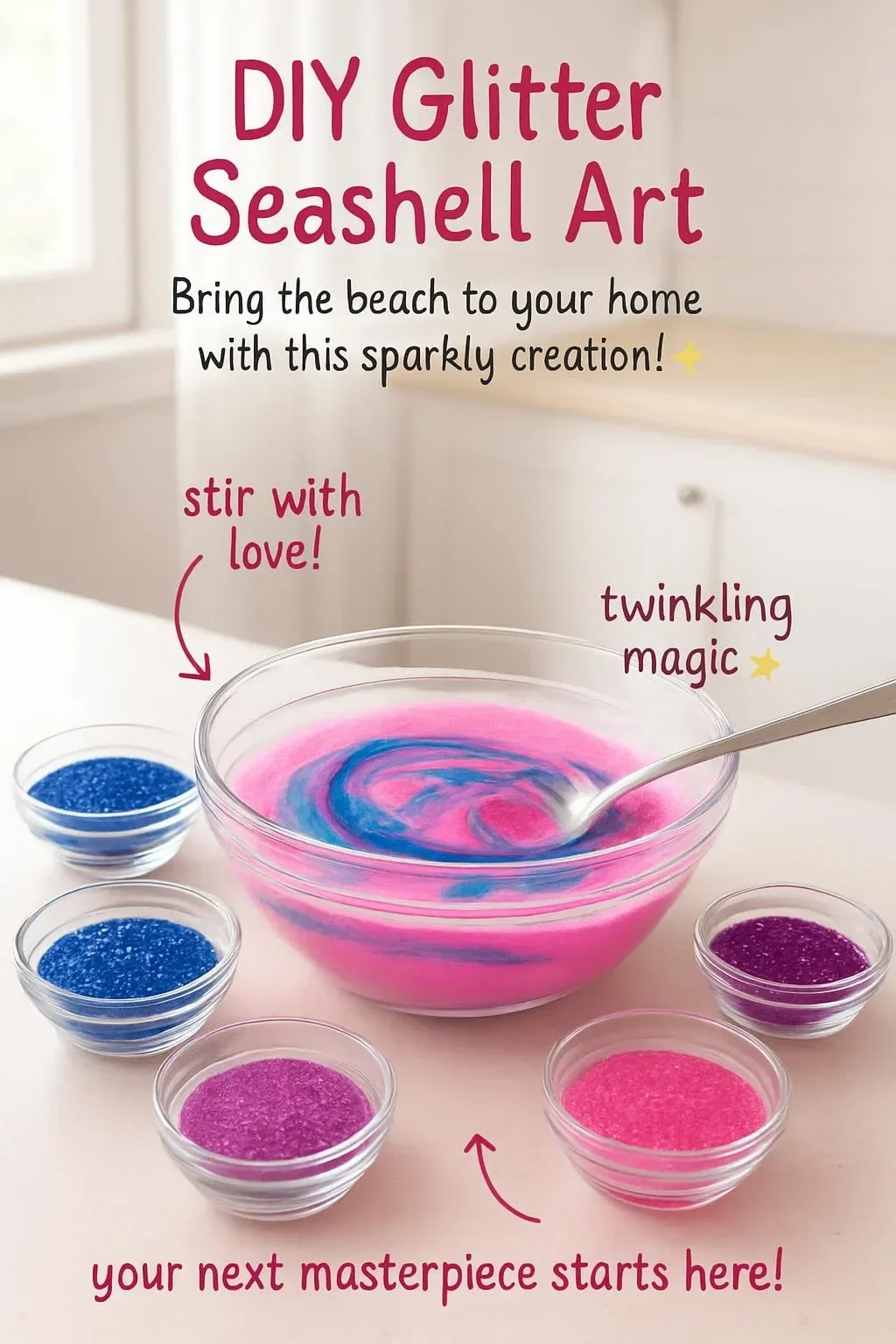 Assorted craft materials including seashells, borax powder, and colorful glitter.