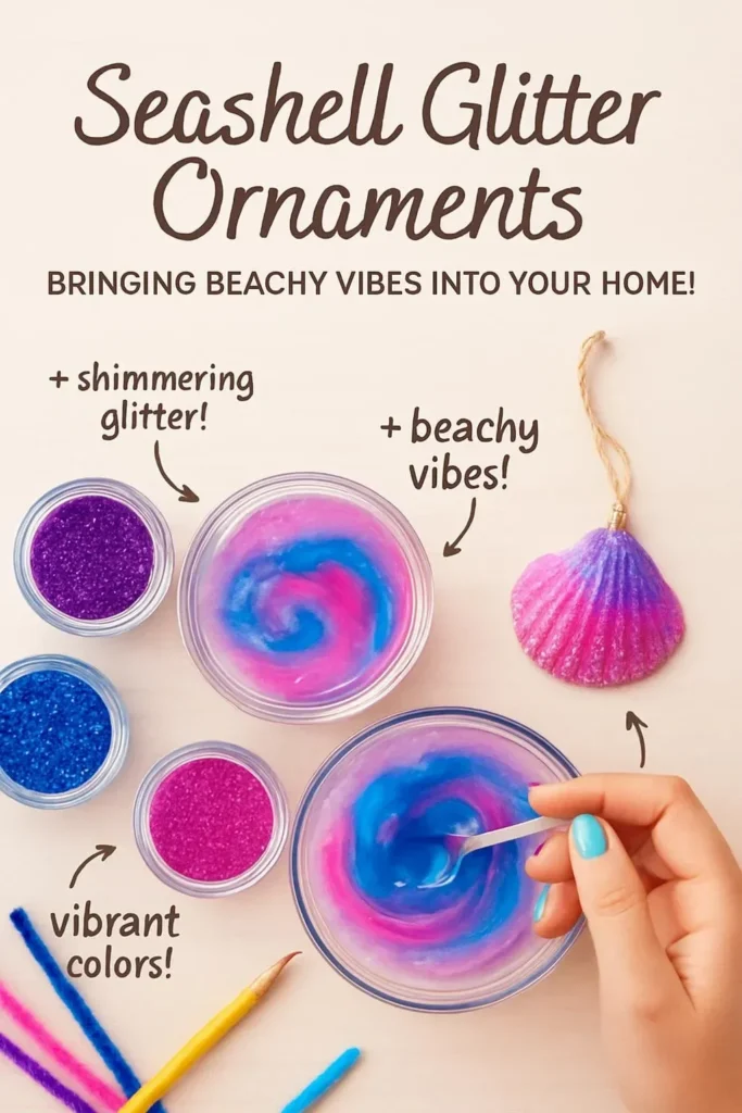 Colorful seashell art craft materials including borax and food coloring.