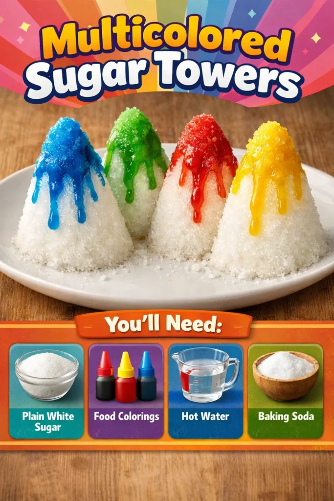 Colorful multicolored sugar towers stacked together for a festive dessert display