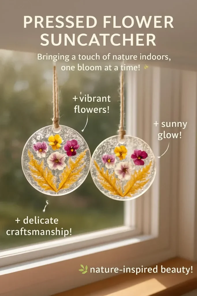 Beautiful pressed flower suncatcher hanging in sunlight