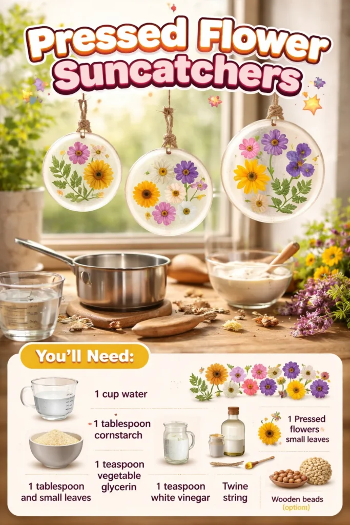 Colorful pressed flower suncatchers hanging in sunlight