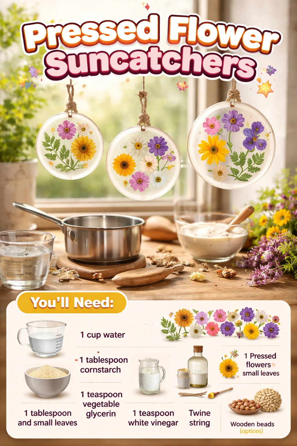 Colorful pressed flower suncatchers hanging in sunlight