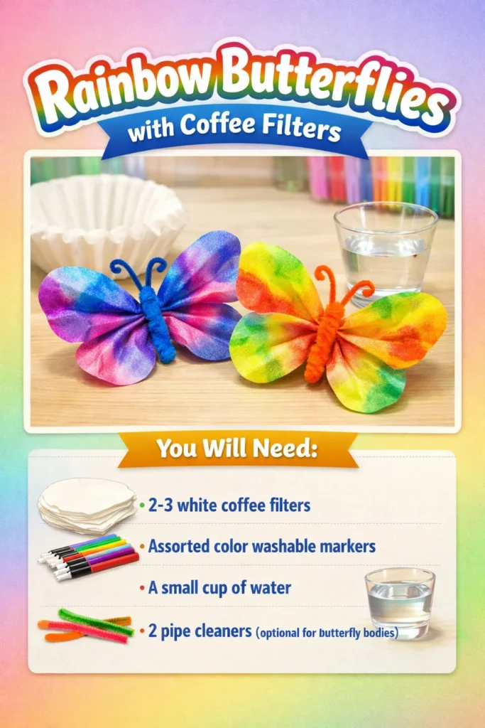 Colorful rainbow butterflies made from coffee filters, perfect for kids crafts