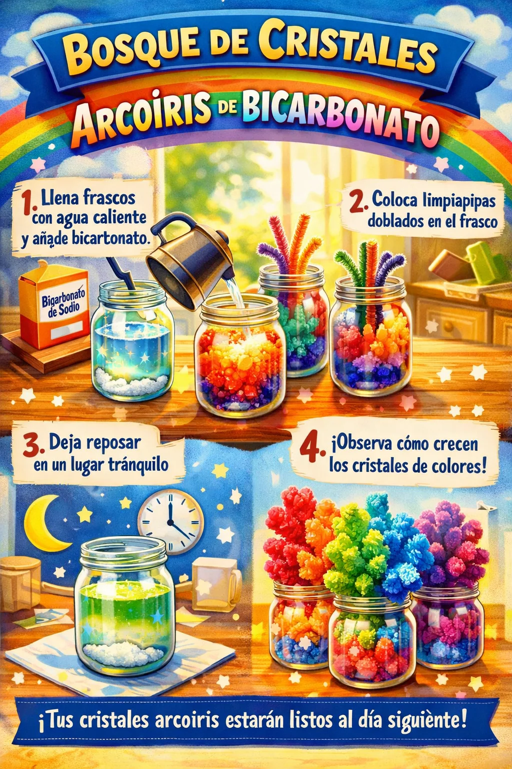 Colorful Rainbow Crystal Forest created with baking soda.