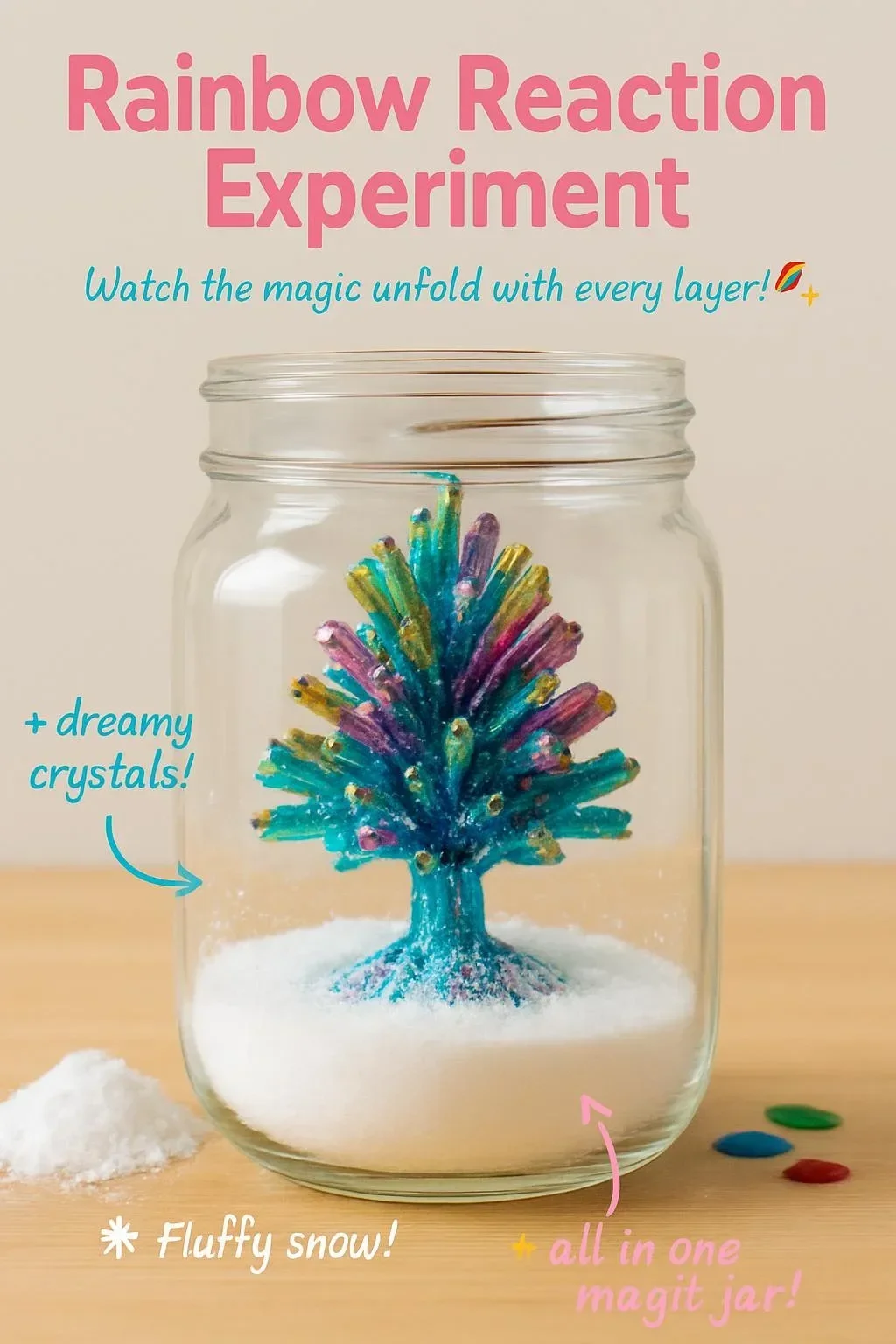 Colorful display from the Rainbow Reaction Experiment showcasing vibrant chemical interactions.