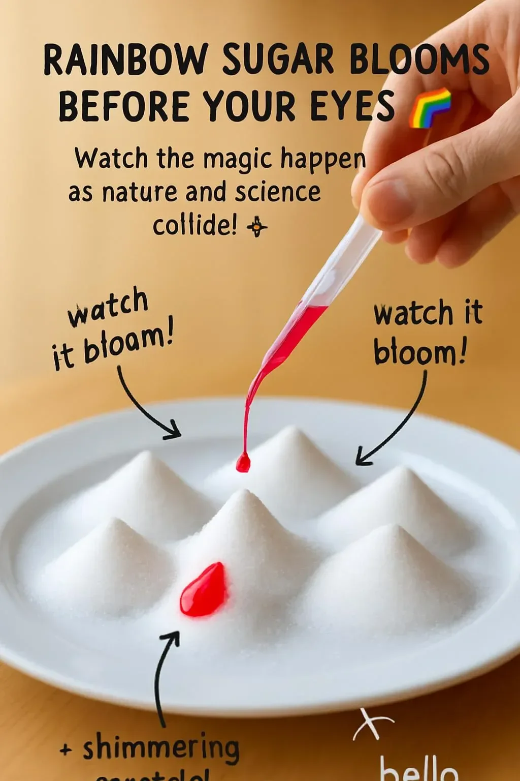 Colorful rainbow sugar crystals growing in a whimsical display.