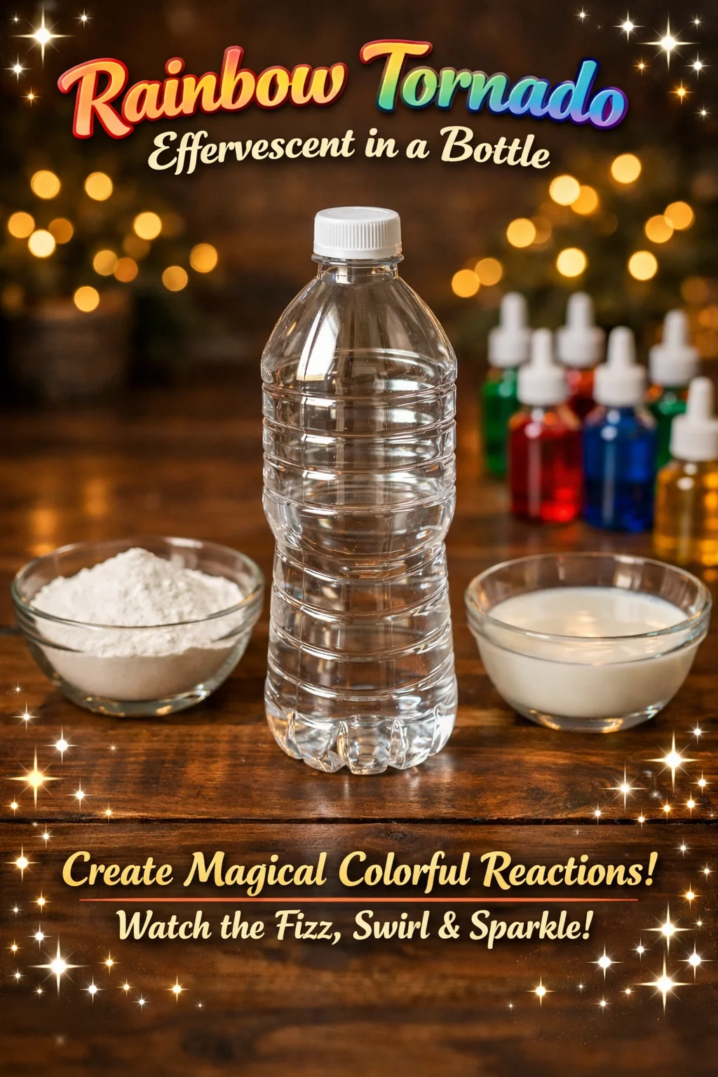 A vibrant Rainbow Tornado effervescent drink in a bottle showcasing rainbow colors.