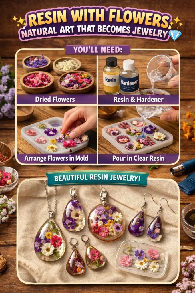 Handcrafted resin jewelry with embedded flowers, combining nature and art.