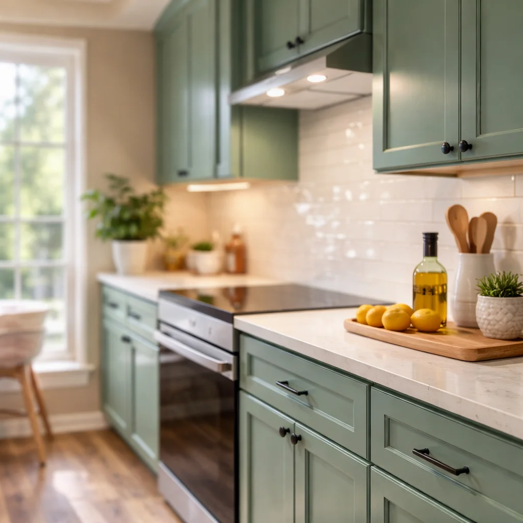Elegant sage green kitchen with warm terracotta accents and marble countertops.