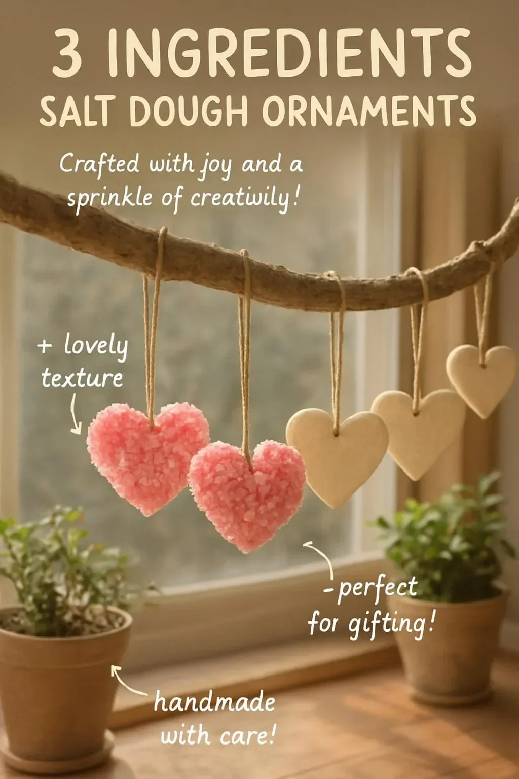 Handcrafted salt dough heart ornaments in various colors and designs.