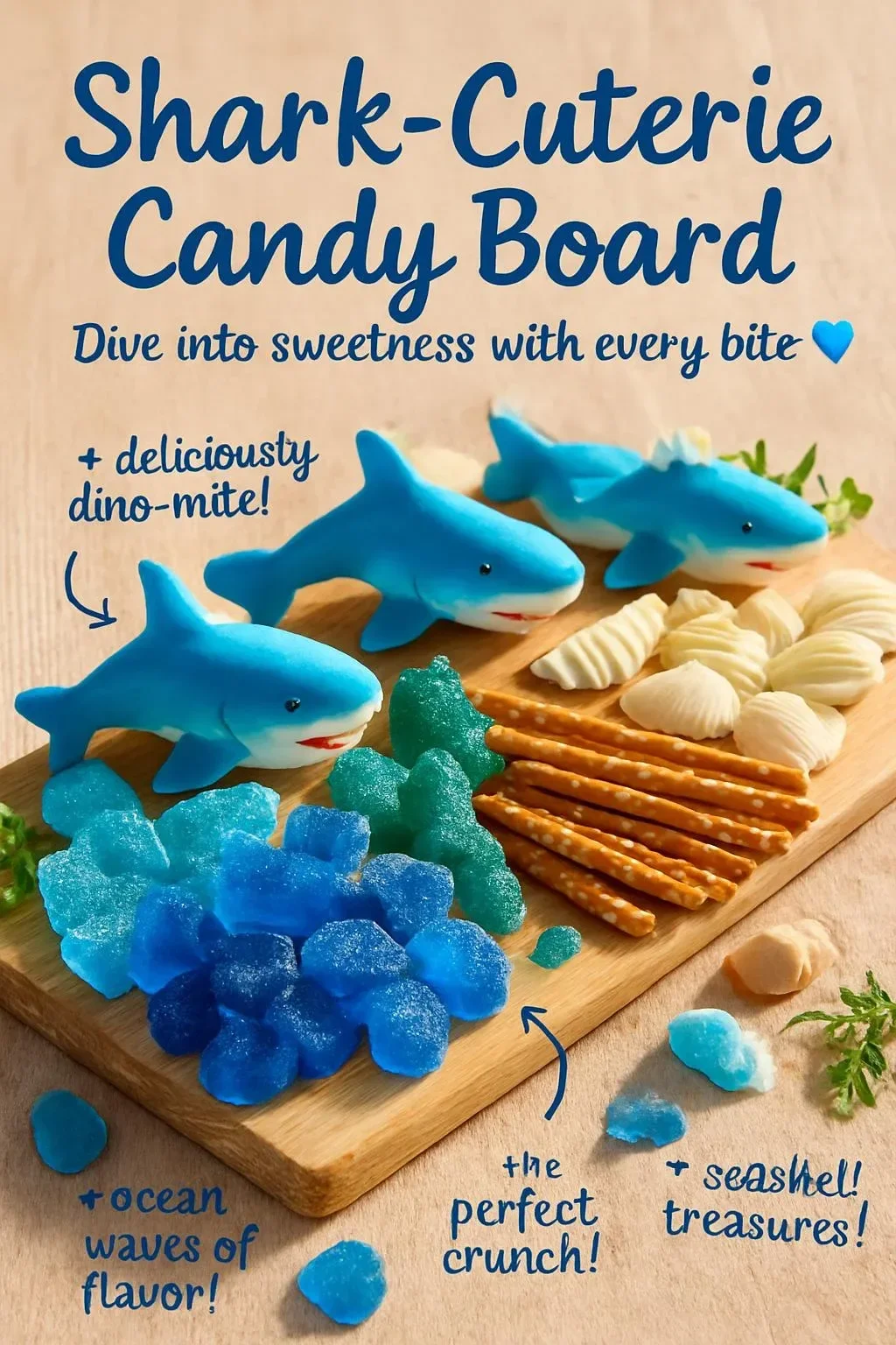 Colorful Shark-Cuterie Candy Board with assorted candies and sea-themed decorations