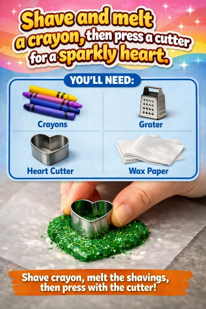 Crafted sparkly heart made from melted crayons using a cutter.