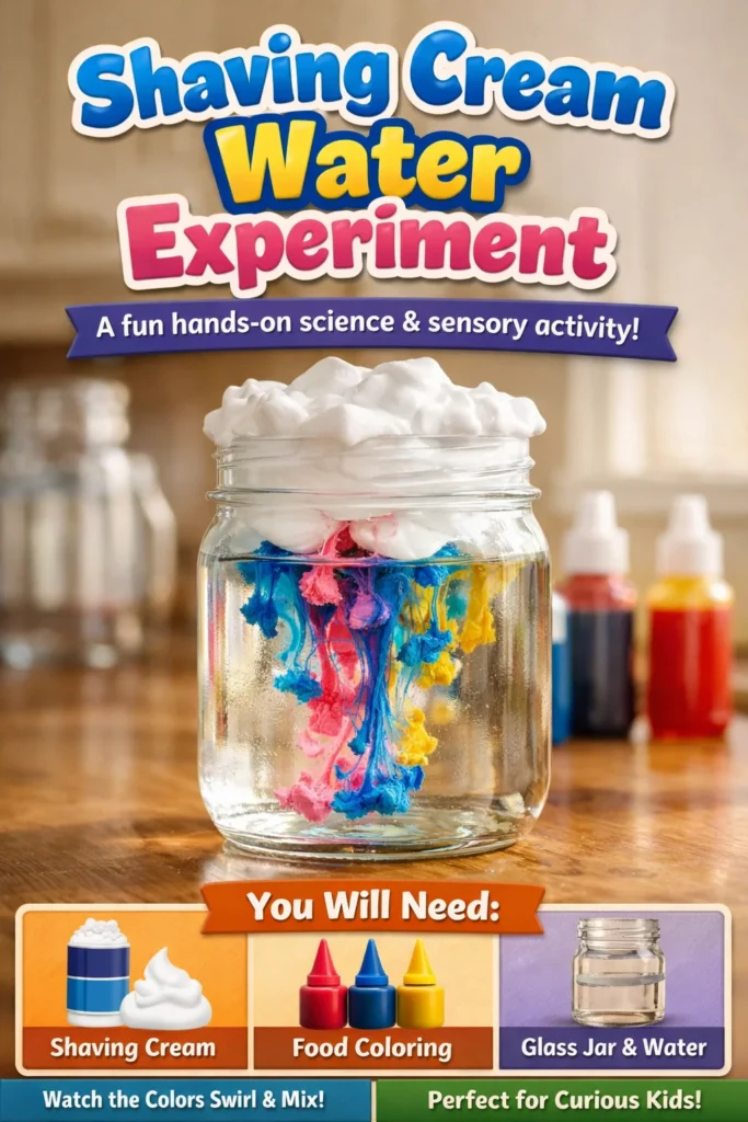 Shaving cream water experiment showcasing foam interaction with water.