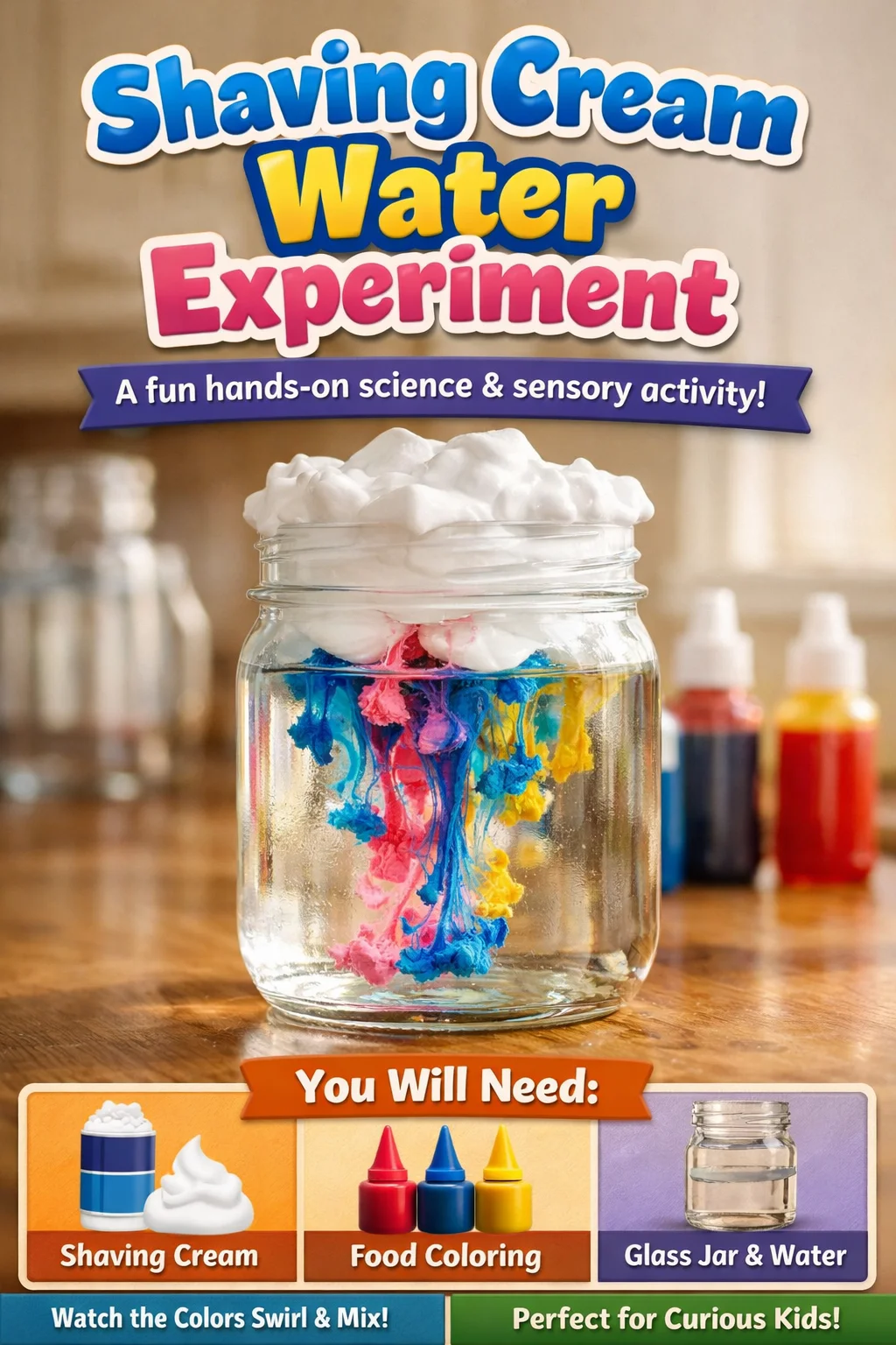 Shaving cream water experiment showcasing foam interaction with water.
