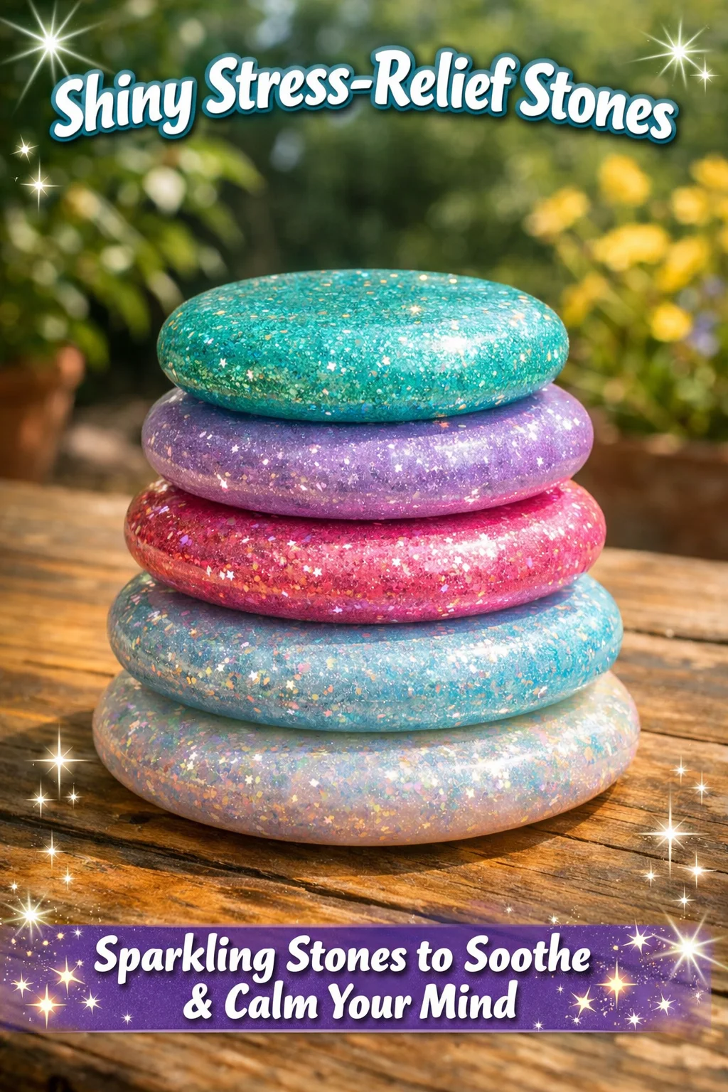 Shiny stress-relief stones designed to promote calm and reduce anxiety.