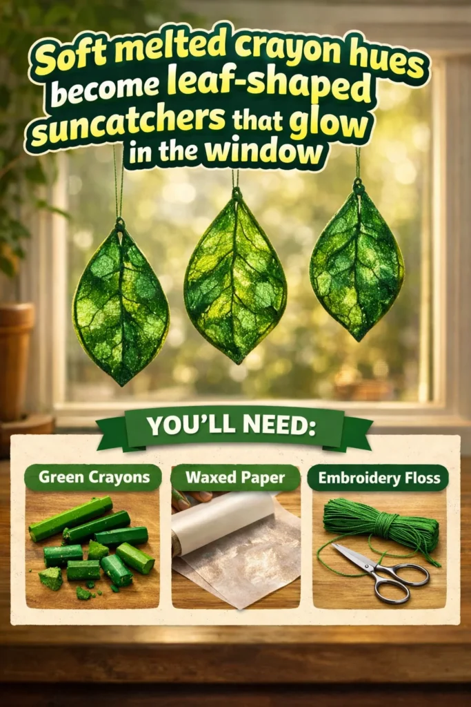 DIY leaf-shaped suncatchers made from melted crayons in colorful hues