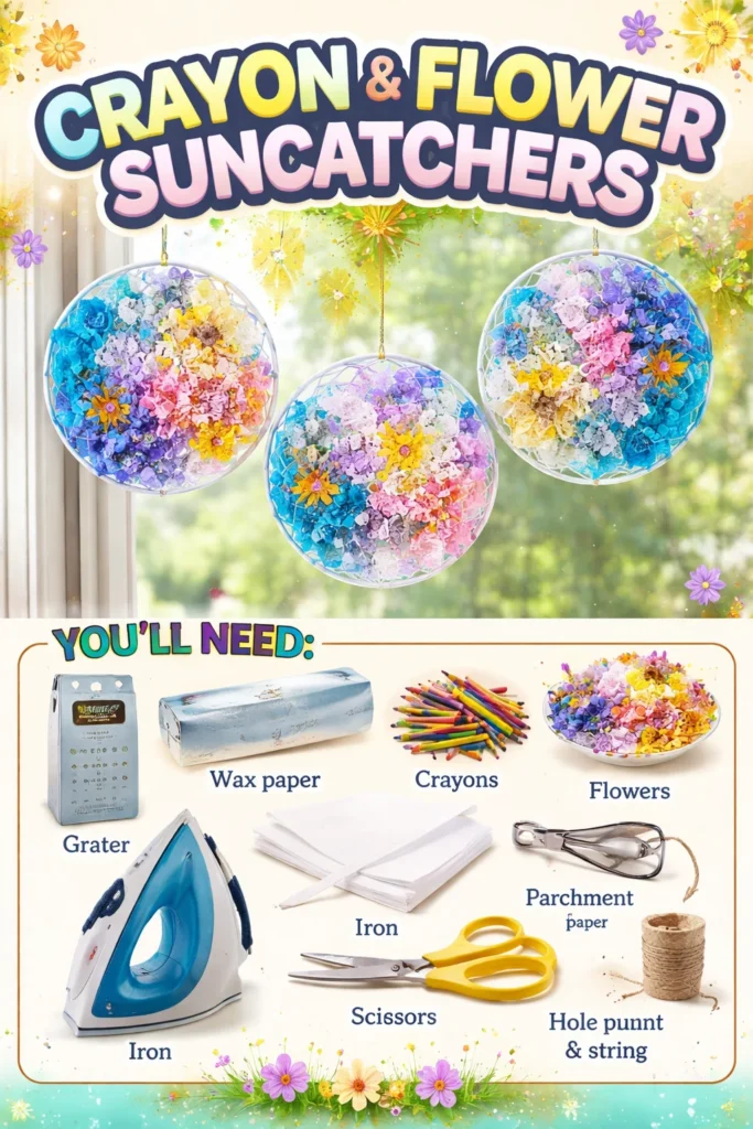 Colorful crayon and flower suncatchers made by children, resembling stained glass.