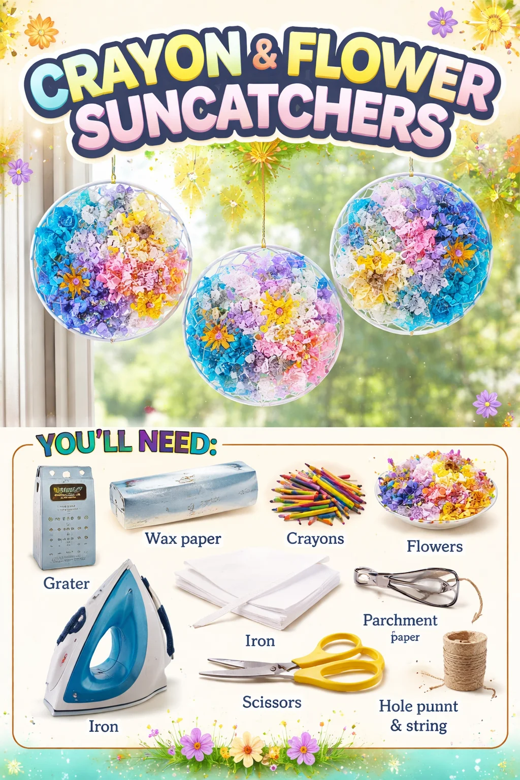 Colorful crayon and flower suncatchers made by children, resembling stained glass.