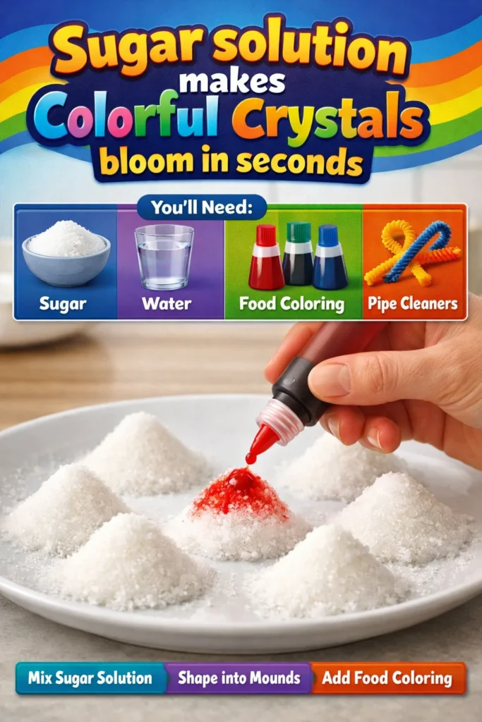 Colorful crystals formed from a sugar solution in a quick science experiment.