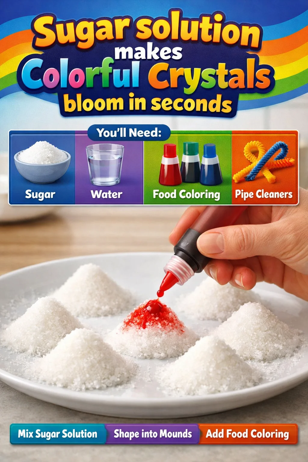 Colorful crystals formed from a sugar solution in a quick science experiment.