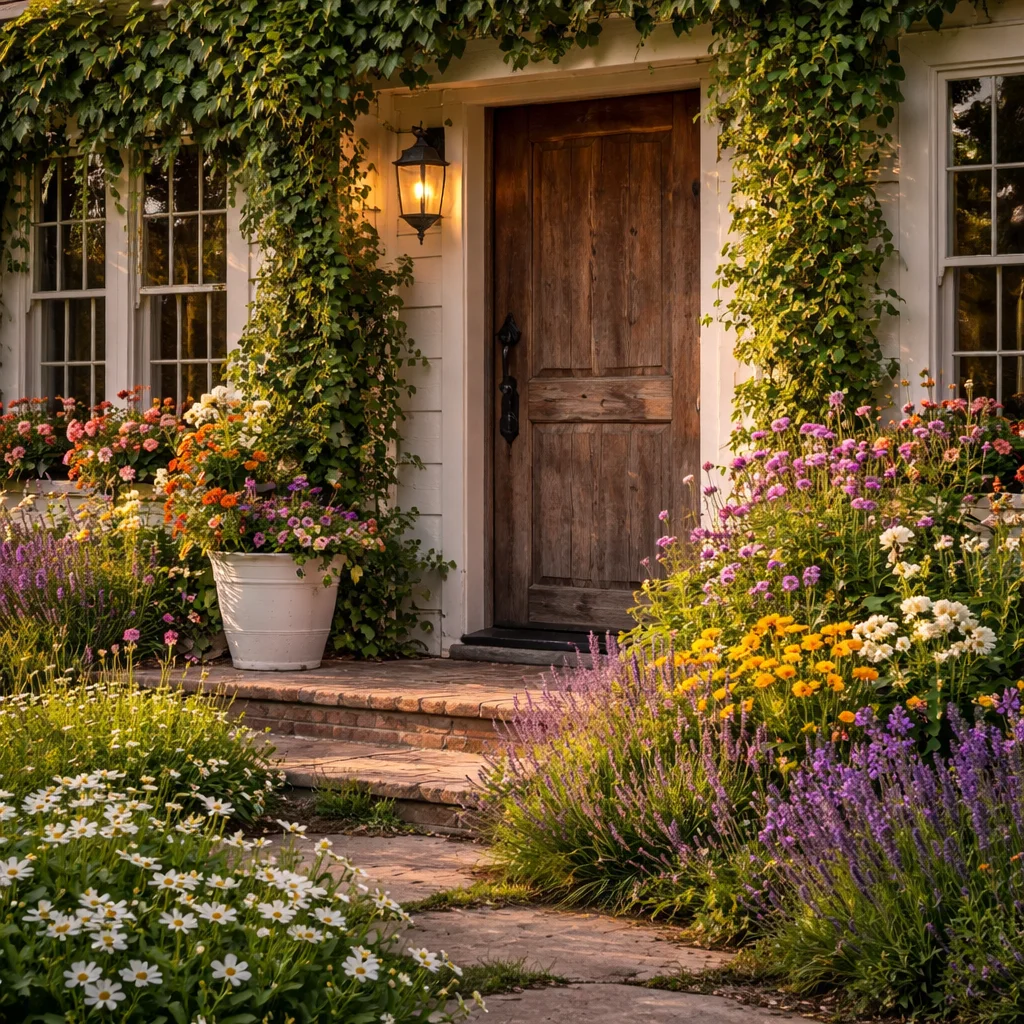 Modern farmhouse garden showcasing rustic and contemporary design elements.