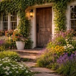 Modern farmhouse garden showcasing rustic and contemporary design elements.