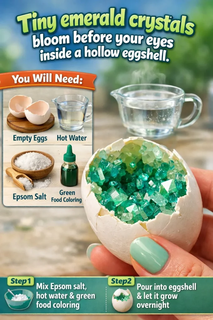 Tiny emerald crystals growing inside a delicate hollow eggshell.