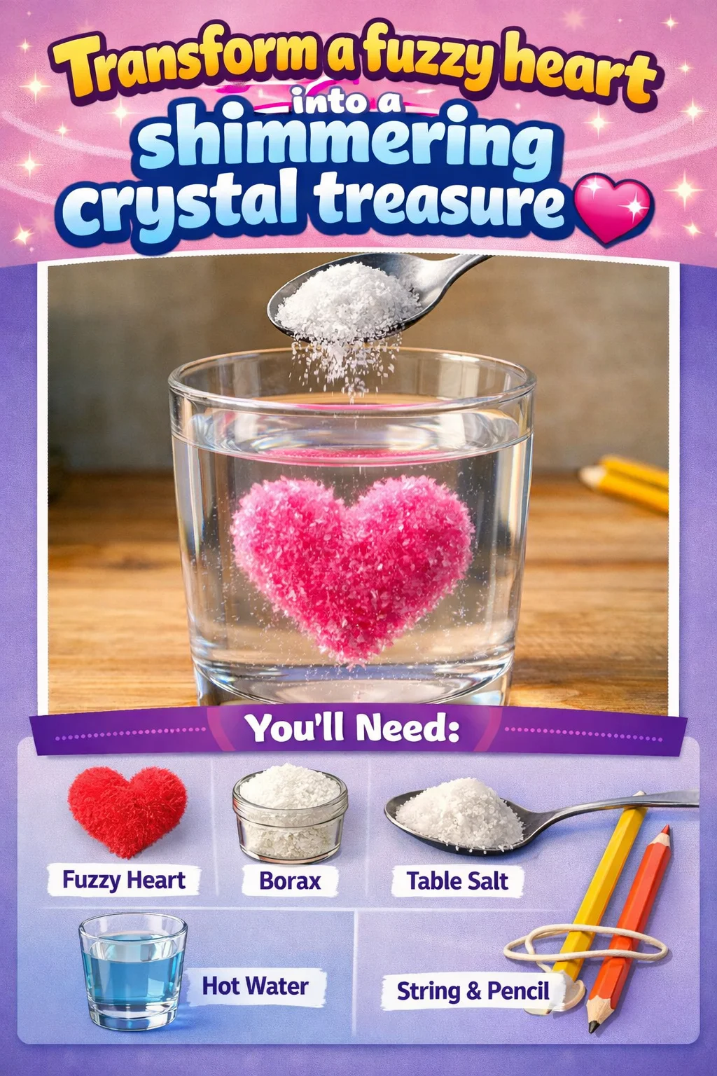 Fuzzy heart transformed into shimmering crystal treasure craft project