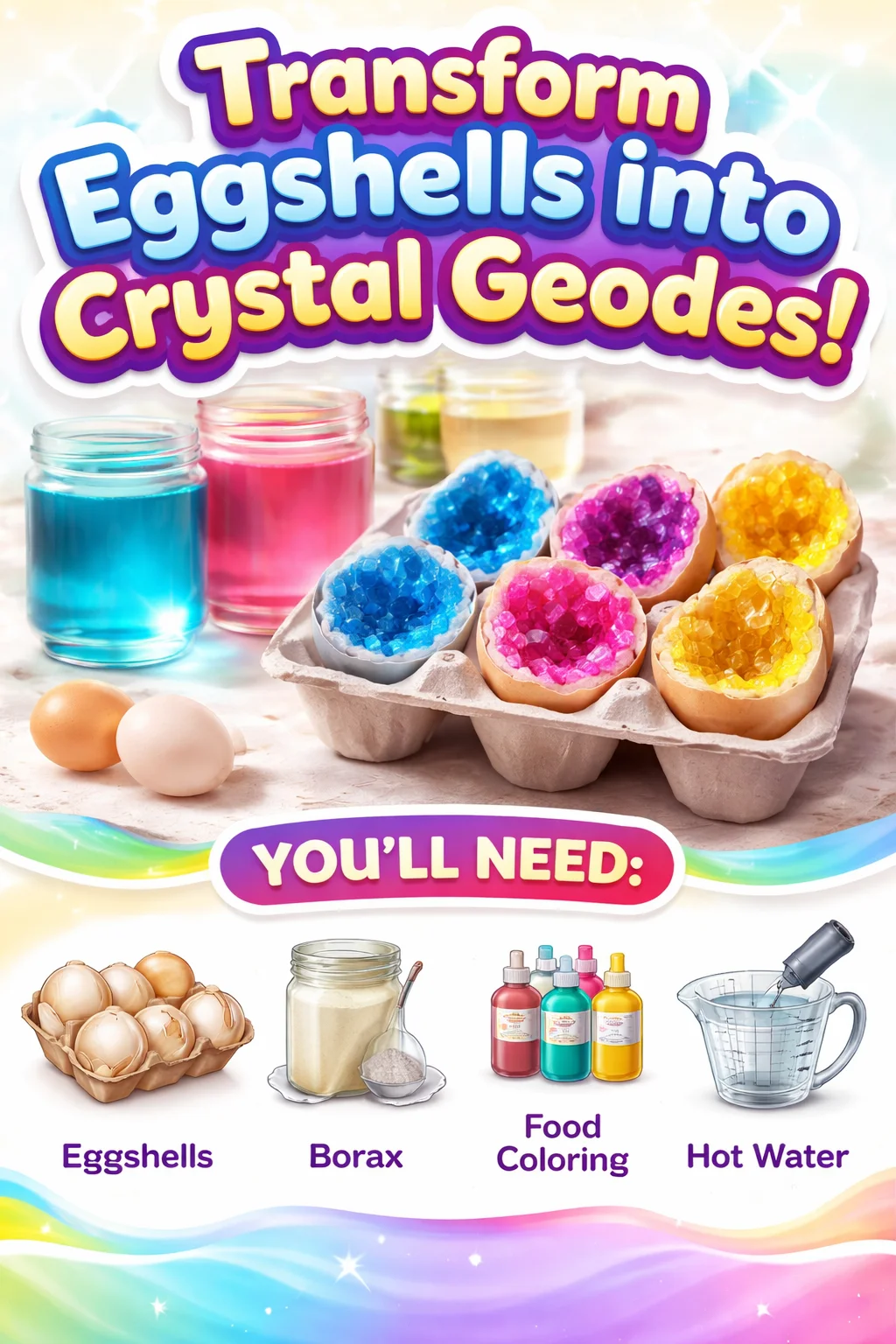 Colorful eggshell geodes showcasing vibrant crystals and artistic design.