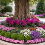 Flower-Filled Tree Bed showcasing vibrant blooms around a lush tree overlooking a garden path.