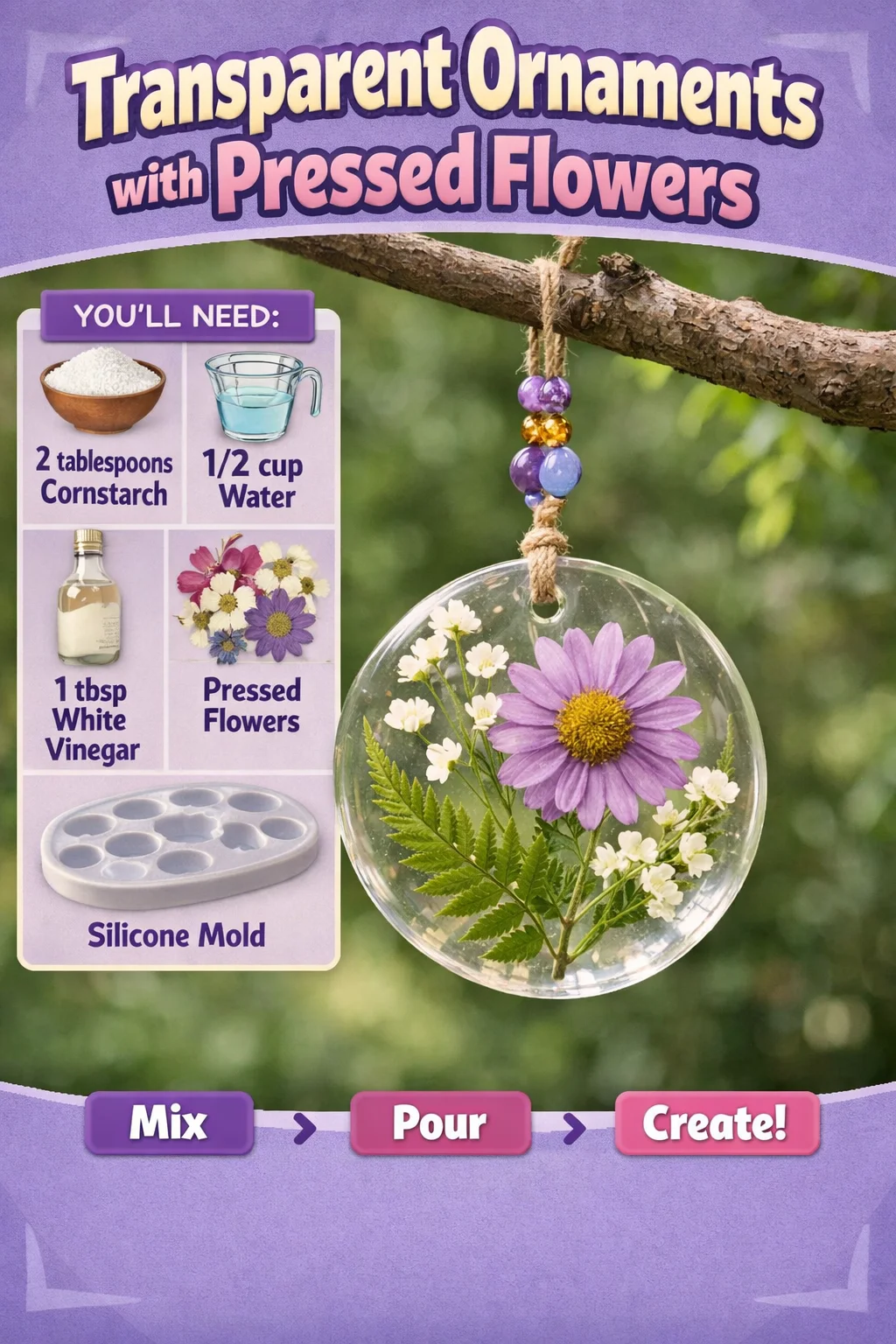 Transparent ornaments showcasing vibrant pressed flowers for decorative appeal.