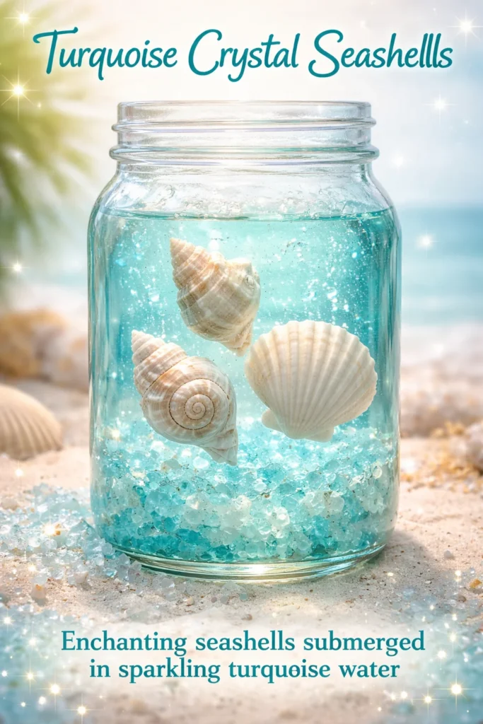 Beautiful turquoise crystal seashells for home decor and beach-themed designs.