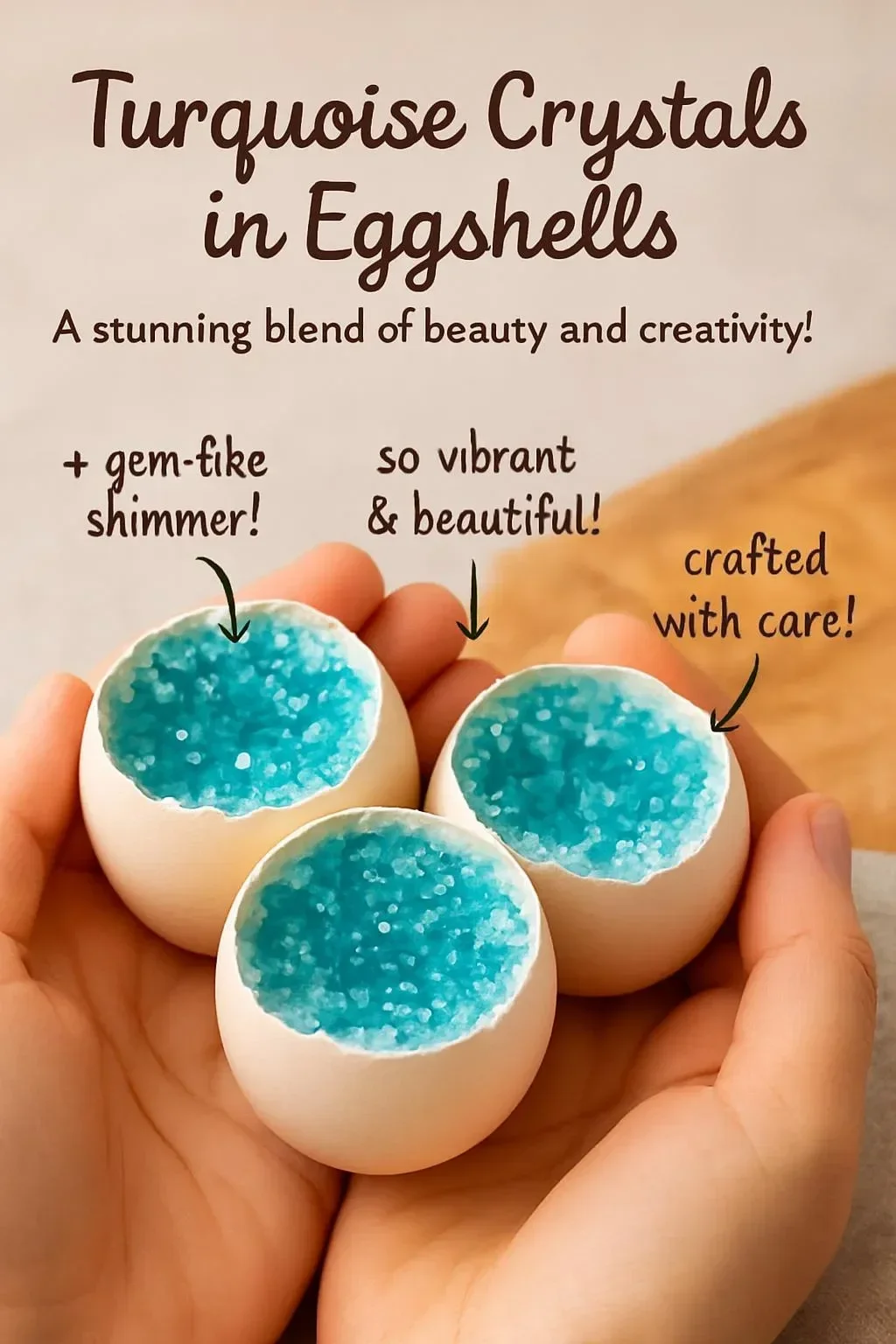Turquoise crystals displayed in decorative eggshells for aesthetic appeal