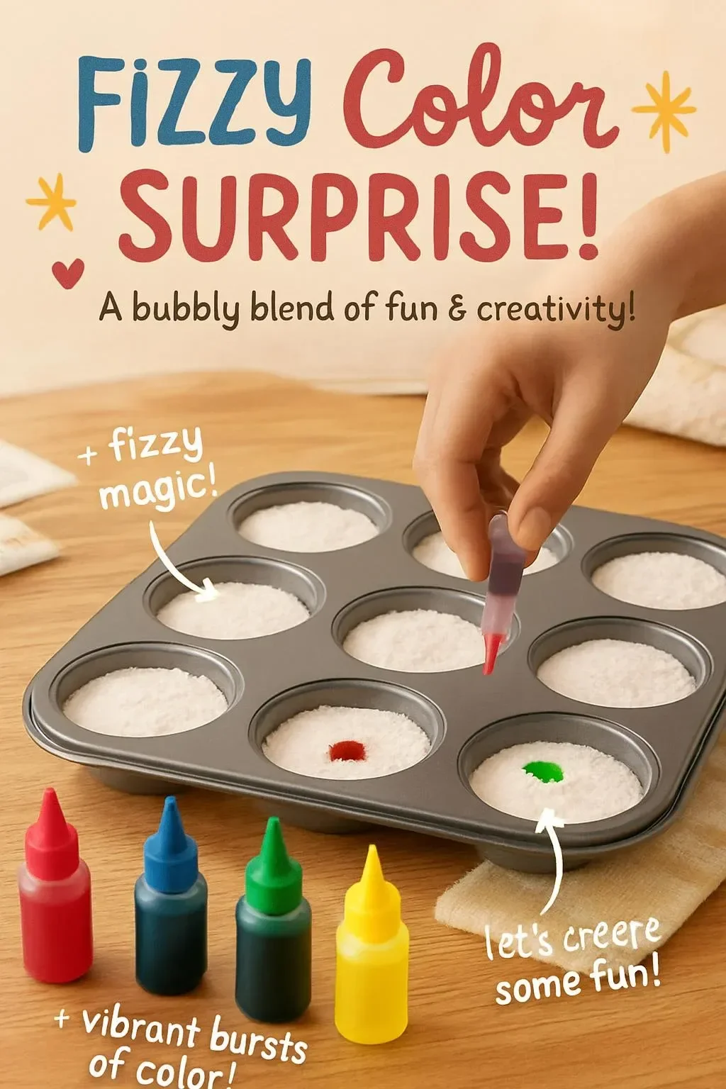 Vinegar and baking soda create fizzy surprises with vibrant colors.