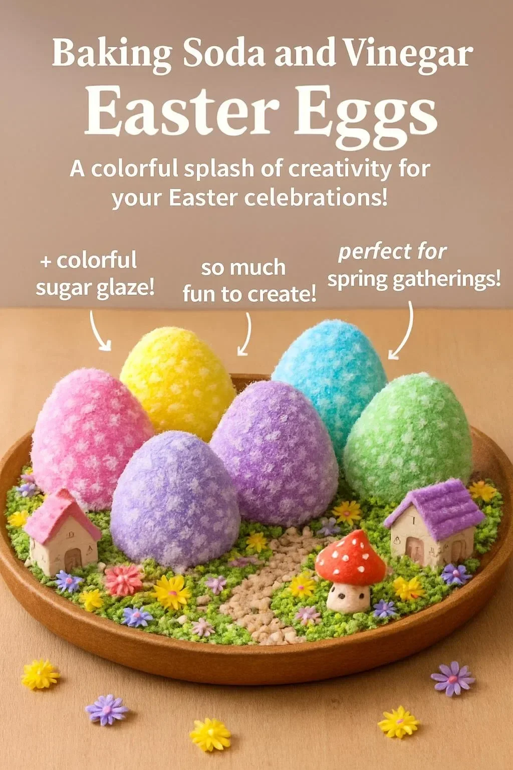 Vibrant Easter eggs made with baking soda and vinegar for festive decoration.
