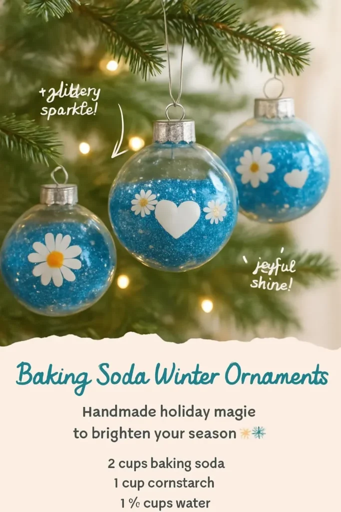 Homemade baking soda winter ornaments displayed on a festive table.