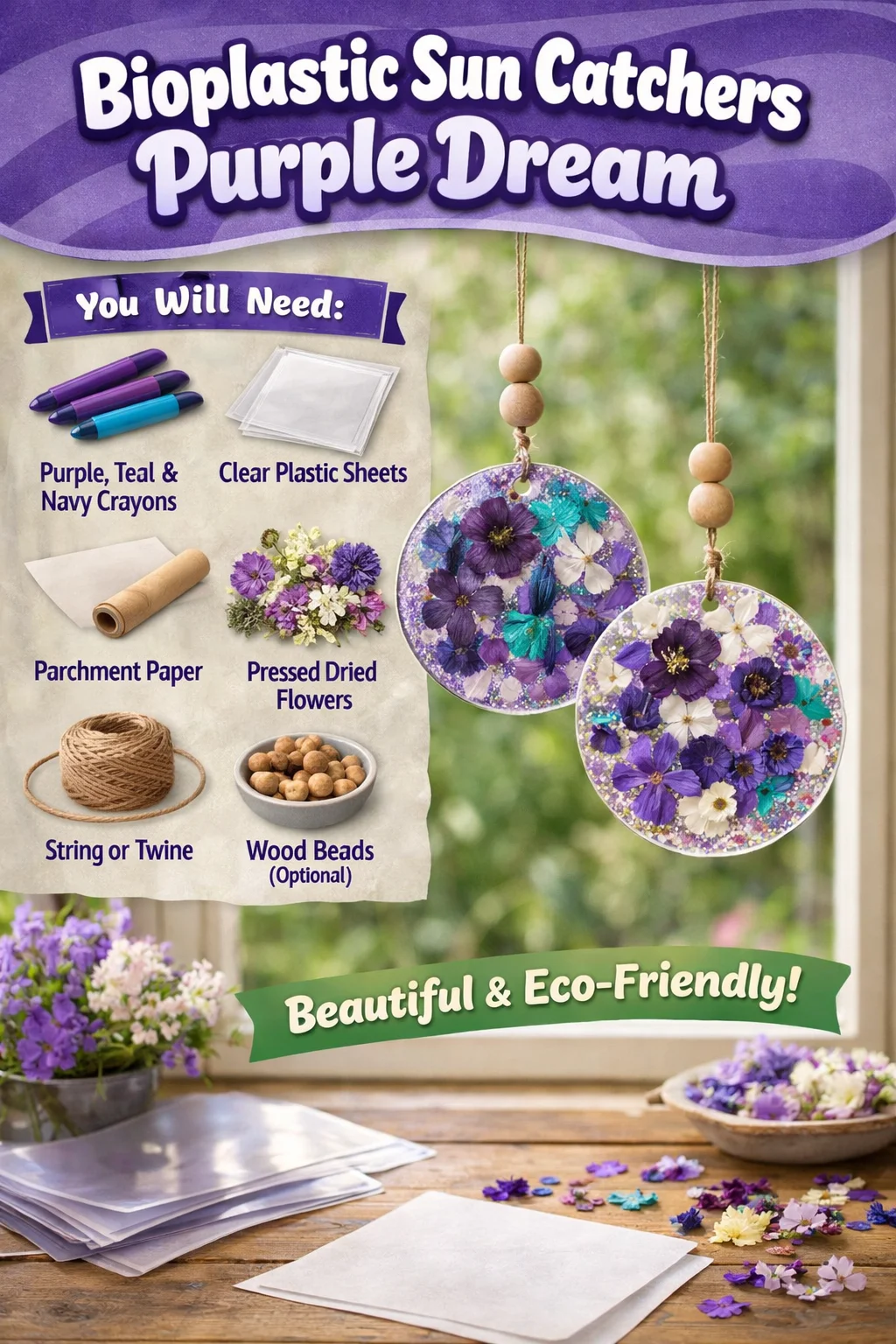 Vibrant purple bioplastic sun catchers enhancing a window's decor.