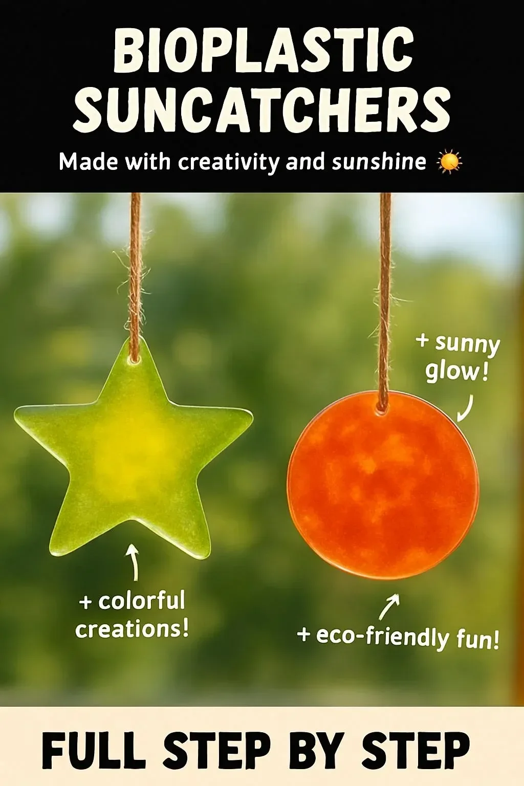 Colorful bioplastic suncatchers hanging in a window, showcasing eco-friendly art.